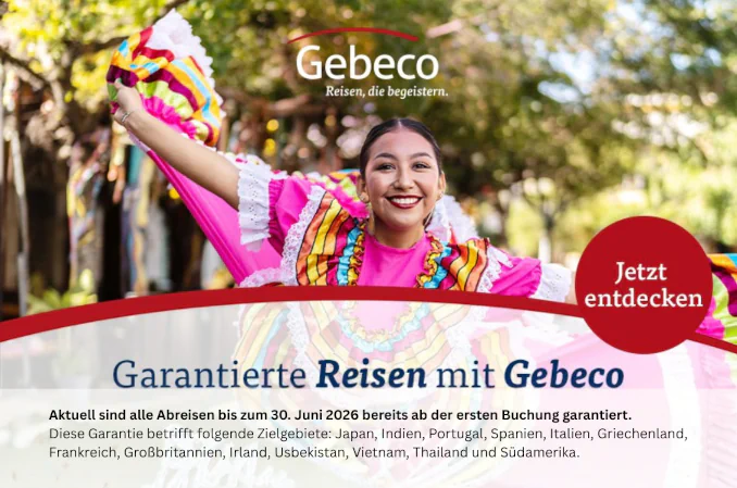 Angebotskachel von Gebeco mit garantierten Reisen bis 30.06.